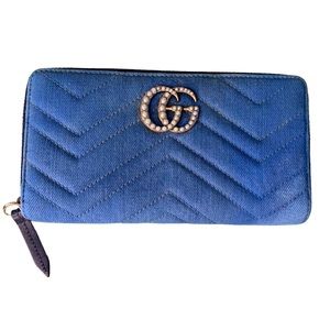 GUCCI GG Marmont Pearl Denim Zippy Wallet